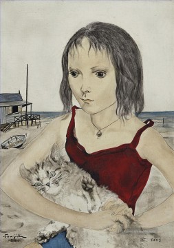 Japanische Werke - Jeune fille avec son chat sur la plage Japanese